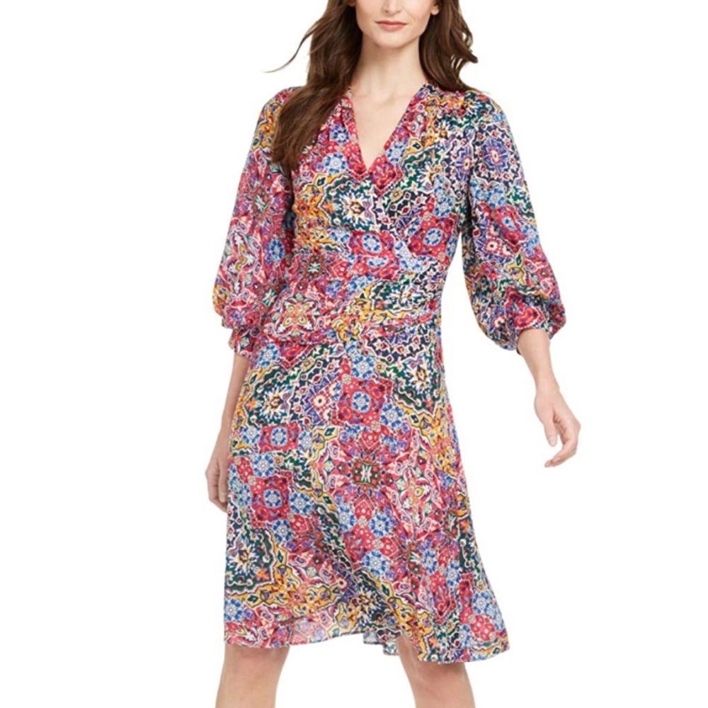 Calvin Klein Women's V-Neck Knee Length Dress with Puffed Sleeves